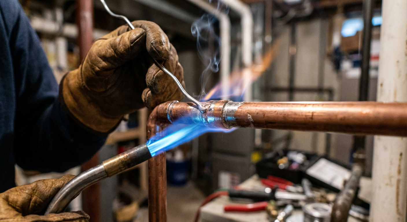 Close-up of soldered copper pipe joints