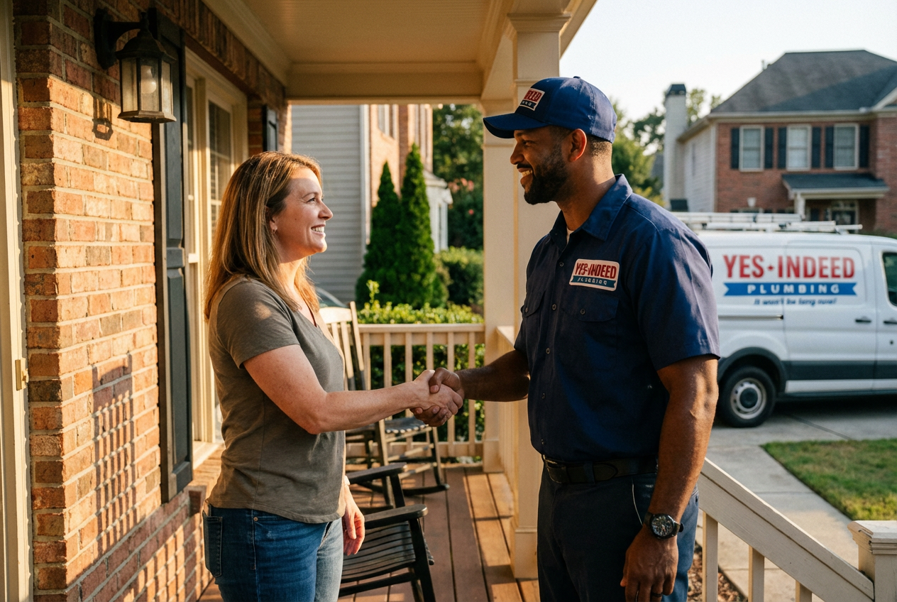 Plumber shaking hands with a satisfied homeowner