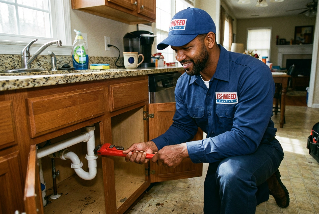 Plumber repairing copper pipes under a kitchen sink