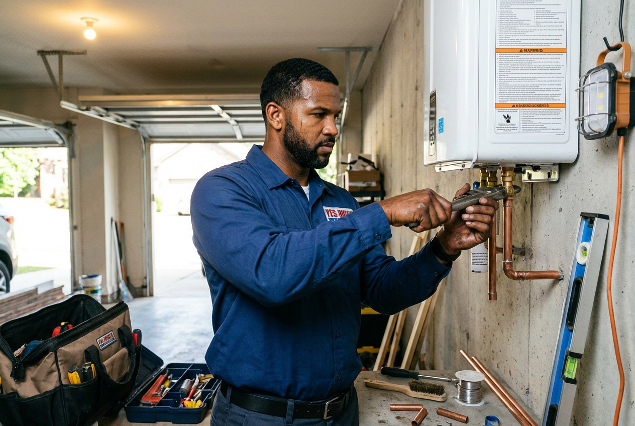 Plumber installing a tankless water heater